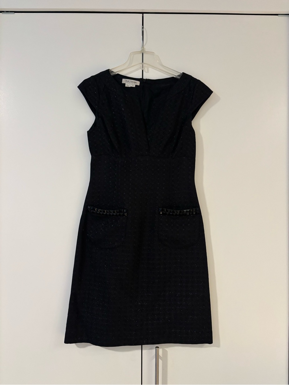 Kay Unger Black Cap-Sleeve Pocket Sheath Dress with Subtle Texture